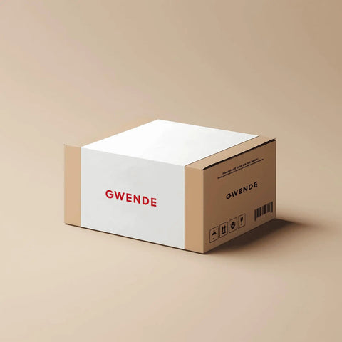 GWENDE branded cardboard box with a white top and brown sides, designed for packaging and shipping.