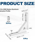 Diagram showing 8Pcs L Shape Corner Bracket Set For 2020 Series Aluminum Extrusion with dimensions and M4 screws