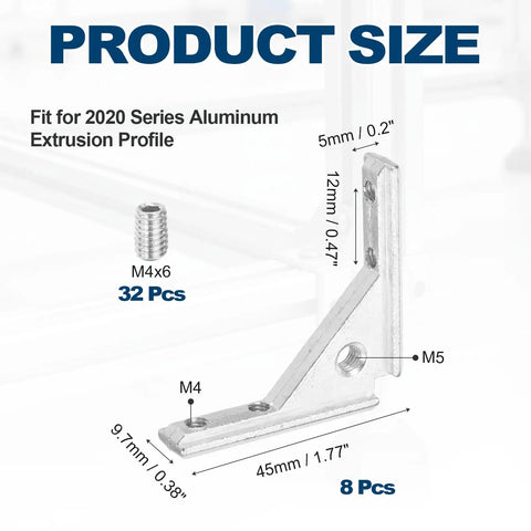 Diagram showing 8Pcs L Shape Corner Bracket Set For 2020 Series Aluminum Extrusion with dimensions and M4 screws