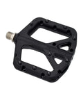Black non-slip mountain bike pedal with lightweight wide flat platform, nylon composite body, and durable Cr-Mo axle, side view.