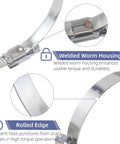 Tough As Nails Heavy Duty Stainless Steel Hose Clamps Four Pack Adjustable From 2.75 To 3.5 Inches showing welded worm housing and rolled edge design.