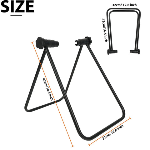 Foldable Aluminum Bike Stand for Road Bikes Mountain Bikes and E Bikes, Portable Floor Rack for Indoor Parking, Dimensions Shown