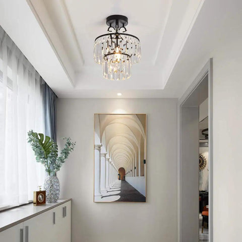 Crystal Raindrop Mini Chandelier Semi Flush Mount Ceiling Light in modern hallway interior, E26 bulb compatible, small yet sparkling.