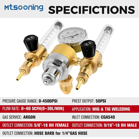 Mtsooning dual-output argon regulator with two flow meters and gauge, brass body for MIG/TIG welding