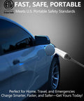 Close-up of a Portable J1772 Electric Vehicle Charger in use with a car, featuring a charging port and cable.