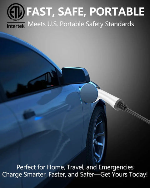 Close-up of a Portable J1772 Electric Vehicle Charger in use with a car, featuring a charging port and cable.