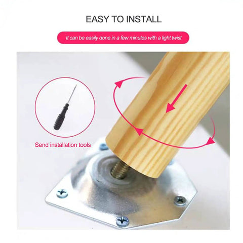 Dope Beech Wood Furniture Legs 10cm To 40cm Adjustable Height With Screws And Non Slip Pads shown with installation tool