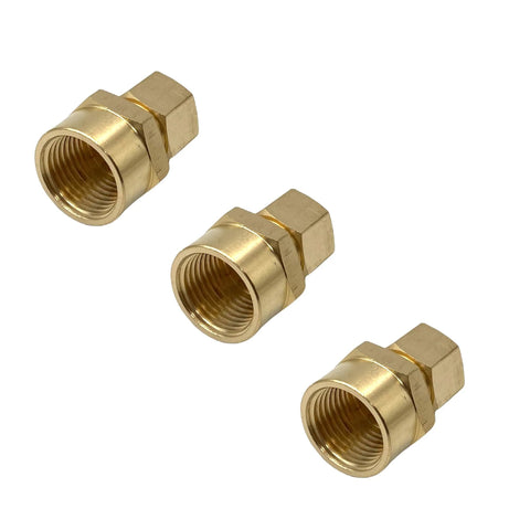 Brass compression union connectors, set of three, 1/2 in tube OD to 1/2 in female NPT, angled view