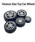 Various size toy car wheels with rubber tires and metal axles for DIY builds, different designs and tread patterns