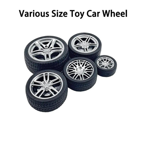 Various size toy car wheels with rubber tires and metal axles for DIY builds, different designs and tread patterns