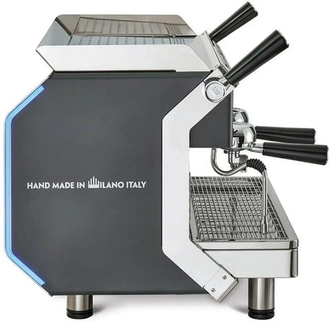 Side view of Desiderio DESI2V Black 2-Group Espresso Machine with pro-grade electronic control panel and steam lance.