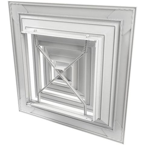 Tough As Nails Aluminum Ceiling Diffuser Snug Fit 9 Inch Square Vent Cover showing a white frame and mounting mechanism for HVAC.