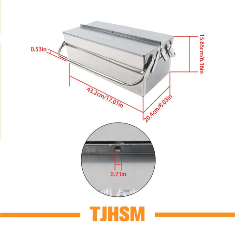 Solid Workhorse Folding Stainless Steel Toolbox With Three Spacious Tiered Trays And Reinforced Carry Handle, showing dimensions and details.