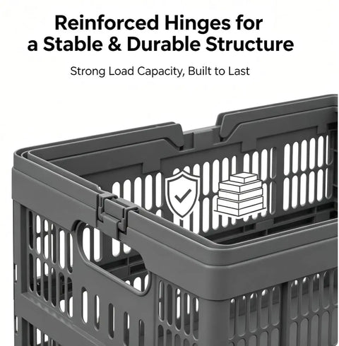 Slick Gray Foldable Storage Basket With Durable Carry Handle, 18.7 Inch Wide Collapsible Closet Bin showing reinforced hinges.