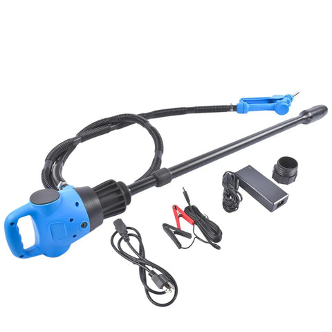 High Capacity Electric Drum Pump 120V AC And 12V DC Models With 5 GPM Flow features power cord and adjustable hose for fluid transfer.