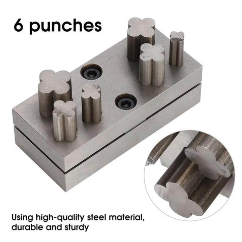 Pro Grade Disc Cutter Set For Jewelry Making With Clover Punches, shown with six steel clover punches on a durable steel base.