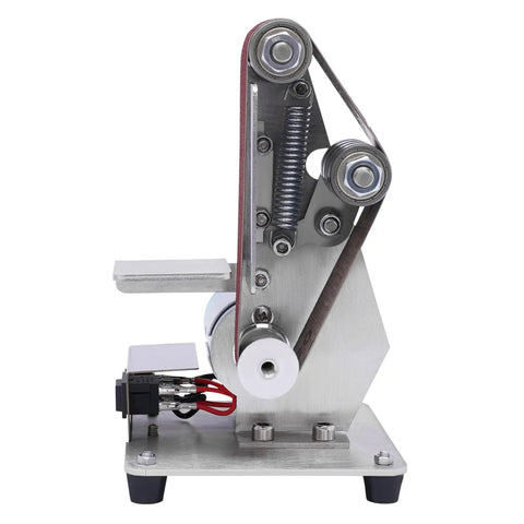 Heavy Duty 110 V Mini Bench Belt Sander Grinder For Polishing Sharpening Edge Trimming Industrial view of the stainless steel build and drive mechanism.