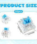 Blue 3 Pin Mechanical Keyboard Switches Pack 50 Pcs Pre Lubricated Dustproof Tactile Clicker Switches For Most Gaming Keyboards With Clear Housing And LED Backlight For Crisp Actuation And Smooth Upgrades, 50pcs size shown