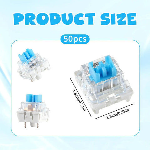 Blue 3 Pin Mechanical Keyboard Switches Pack 50 Pcs Pre Lubricated Dustproof Tactile Clicker Switches For Most Gaming Keyboards With Clear Housing And LED Backlight For Crisp Actuation And Smooth Upgrades, 50pcs size shown