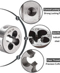 Two Piece 3/8-16 UNC Tap And Die Set HSS Straight Flute Threading Tap Die Kit showing round die with detailed specifications.