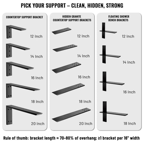Legit Heavy Duty Countertop Support Brackets 16 Inch 4 Pack Built Tough For Granite Quartz Laminate And Concrete Floating Kitchen Shelves display of various support bracket sizes.