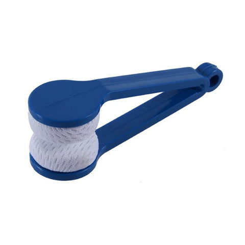 Blue mini eyeglasses cleaning tool with white microfiber roller.