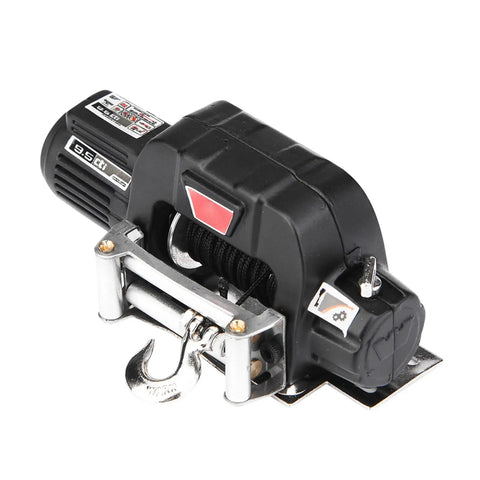 Top Tier 1/10 Crawler Winch For RC Trucks featuring Auto Electric Power Plus Control with chain hook on durable plastic casing.