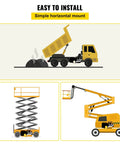 Illustration of Single Acting 12V DC Hydraulic Pump Power Unit For Dump Trailer, 3.75 Gallon Capacity, Steel Construction, Fast Start, Built Tough Hydraulic Power Pack For Heavy Duty Industrial Use with dump truck, scissor lift, and crane setup.