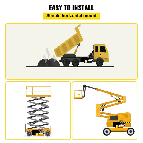 Illustration of Single Acting 12V DC Hydraulic Pump Power Unit For Dump Trailer, 3.75 Gallon Capacity, Steel Construction, Fast Start, Built Tough Hydraulic Power Pack For Heavy Duty Industrial Use with dump truck, scissor lift, and crane setup.