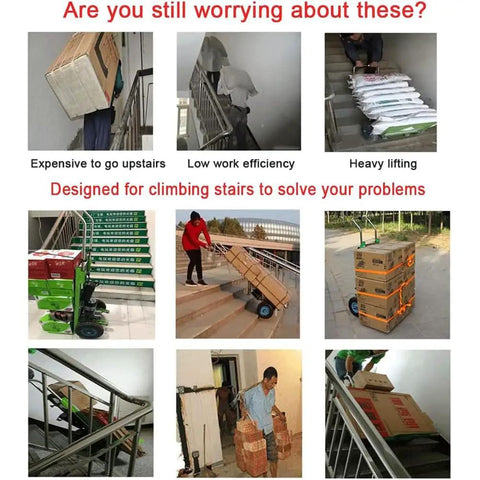 Heavy Duty Electrical Stair Climber Dolly With Brushless 1200W Motor And Removable Battery, used for hauling boxes up curved stairs.