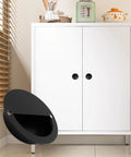 Round Hidden Concealed Door Pulls Flush Pocket Door Handles in stainless steel matte black installed on white cabinets in bedroom.