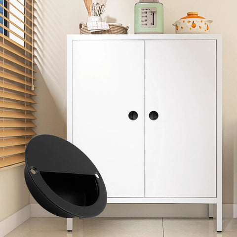 Round Hidden Concealed Door Pulls Flush Pocket Door Handles in stainless steel matte black installed on white cabinets in bedroom.