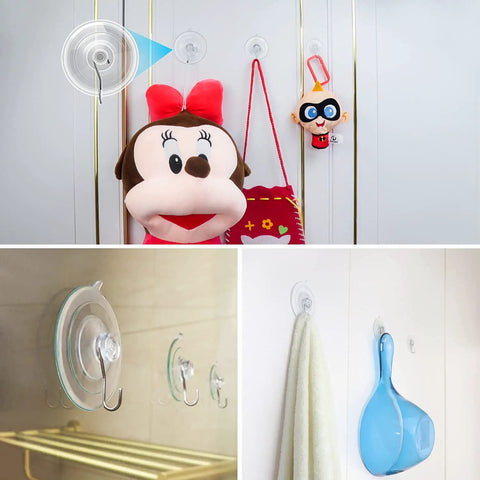 Three Size Suction Cup Hooks Set For Shower Glass And Walls With Mega Strong Hold Up To Seven Pounds in use with various items