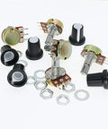 Potentiometer Kit With 10K 20K 50K 100K Ohm Linear Taper Rotary B Type Pots For Audio Gear Includes 1K 5K 10K 50K 100K Ohm 3296W Multiturn Trimmer, Nuts, Washers, Knobs, 105Pcs arranged on white surface