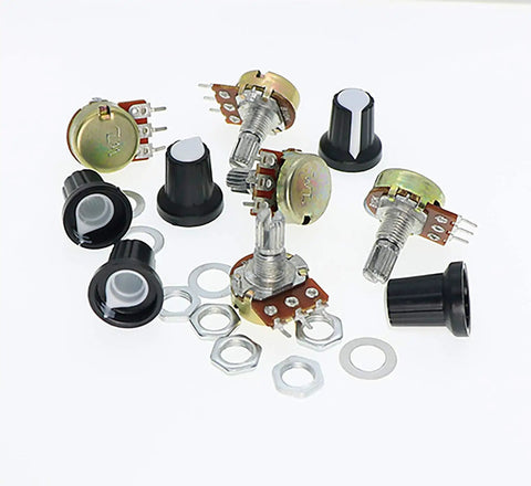Potentiometer Kit With 10K 20K 50K 100K Ohm Linear Taper Rotary B Type Pots For Audio Gear Includes 1K 5K 10K 50K 100K Ohm 3296W Multiturn Trimmer, Nuts, Washers, Knobs, 105Pcs arranged on white surface