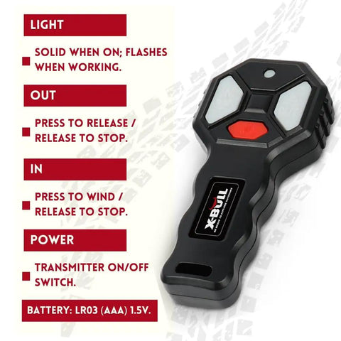 Wireless remote for 12V 3000Lbs Winch With Synthetic Rope For ATV UTV Off Road Beefy Workhorse, button functions explained.