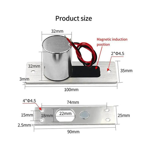 Heavy Duty Waterproof Electronic Drop Bolt Door Lock 12 Volt Induction Auto Deadbolt components and measurements diagram.