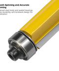 Close-up of Four Piece Flush Trim Router Bit Set With One Quarter Inch Shank And Dual Bearings, showing durable steel body and bearings.
