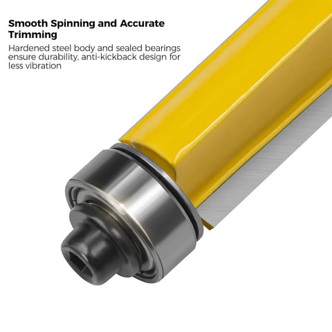 Close-up of Four Piece Flush Trim Router Bit Set With One Quarter Inch Shank And Dual Bearings, showing durable steel body and bearings.