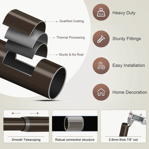 Bronze Curtain Rods for Windows Adjustable 48 to 84 Inches Heavy Duty Diameter Seven Eighths Inch Brown Finish layers and features