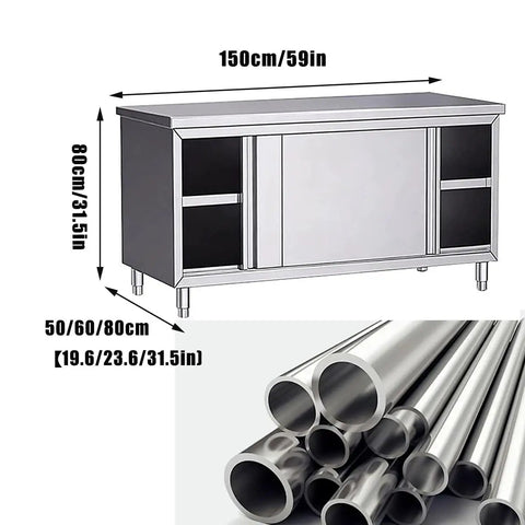 Bulletproof Stainless Steel Prep Table Featuring Sliding Door Storage Cabinet Nsf Certified Commercial Kitchen Workbench 150cm by 80cm.