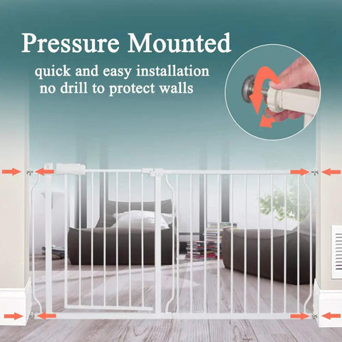 Extra Wide Pressure Mounted Baby Gate Walk Through for Doorways and Kitchen, fitting 86 to 98 cm, shown in a living room setup.