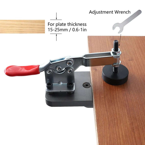 35mm secret hinge boring jig kit with aluminum alloy body and red handle; includes adjustment wrench