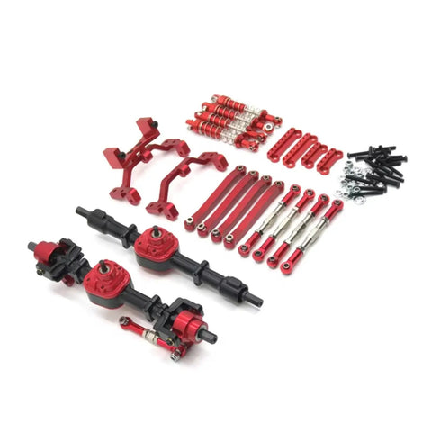 Beefed Up One Twelfth Scale Chassis Frame Upgrade Kit With Front And Rear Axle Assembly, Tie Rods And Shock Absorbers, components laid out