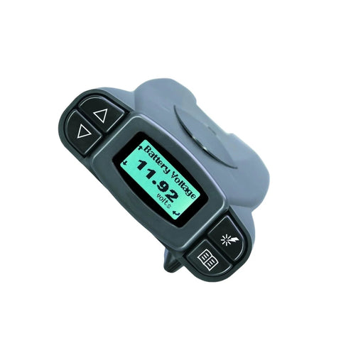 Close-up of P3-style electric trailer brake controller with LCD display and up/down arrows, gray and black housing.