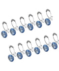 Blue Stainless Steel Shower Curtain Hooks With Rhinestones Rust Resistant Double Glide Rings 12 Piece Set for easy hanging
