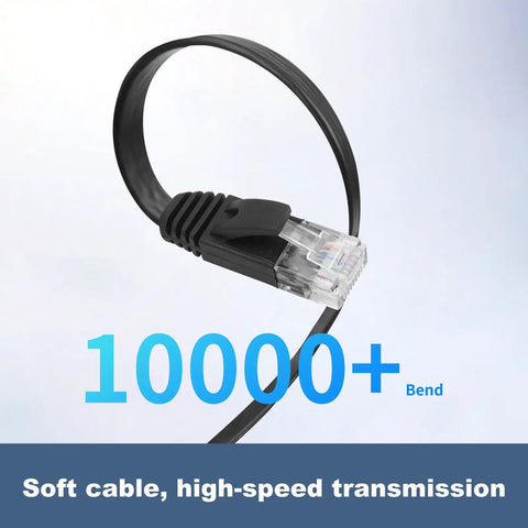 Close-up of a black 6.6 Ft Retractable Flat Cat6 Ethernet Cable with transparent RJ45 connector showing flexibility in bending.