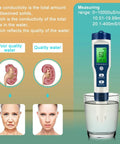 5 In 1 Water Tester With 0.01 High Accuracy PH TDS EC Salt And Temp Meter for water quality displayed on digital screen.