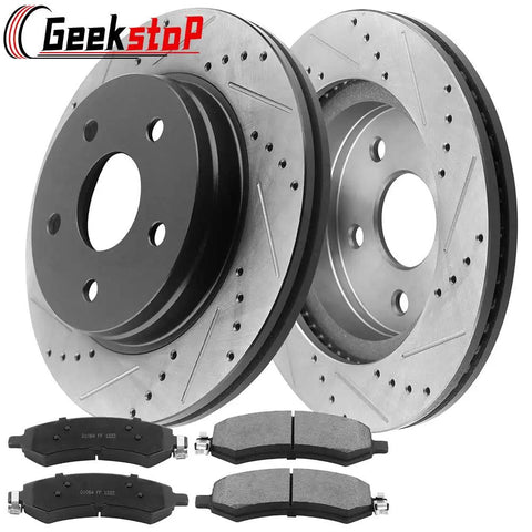 Ram 1500 Front Brake Rotors And Ceramic Pads Kit Drilled And Slotted With E Coating For 2011 To 2018 Ram 1500 And 2006 To 2010