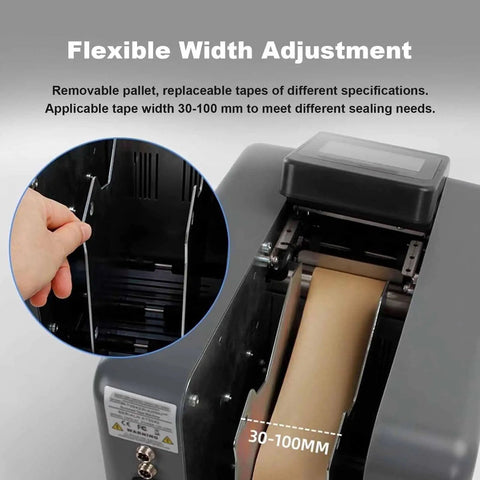 No Sweat Industrial Electric Water Activated Tape Dispenser Slick Sensor Controlled Kraft Paper Gummed Tape Cutter showing flexible width adjustment for 30-100mm tape.